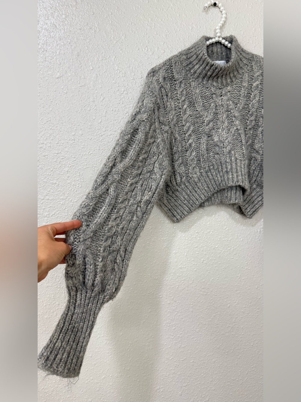 Zara Gray Chunky Cable Knit Cropped Sweater М Balloon Sleeve Wool Blend - Picture 5 of 9